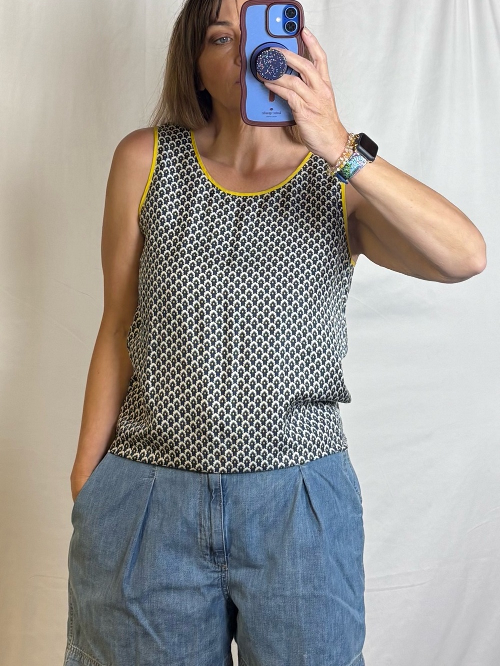 Pink Tartan Blue & White Geometric Knit Tank with Yellow Trim
